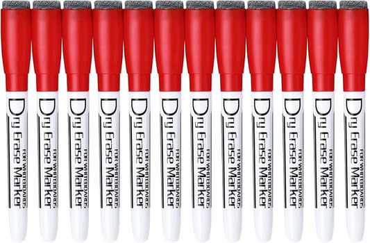 Volcanics Magnetic Dry Erase Markers With Eraser Cap Low Odor Fine Tip Whiteboard Pens Whiteboard Markers for Kids, Pack of 12, Red