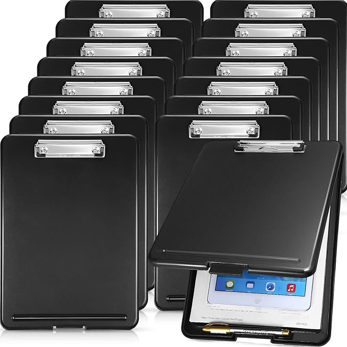 Geyee 16 Pcs Clipboards with Storage Letter Size Foldable Nursing Clipboard Storage with Pen Holder Plastic Storage Clip Board with Low Profile Clip for Student Teacher Nurse Office 9.4 x 13.4 Inch