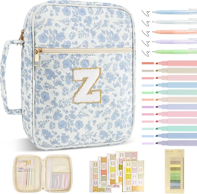 Personalized Initial Bible Cover Case for Women Girls Kid - Large Quilted Bible Case with Handle, Stylish Chenille Letter Bag Study Supplies, Perfect Christmas Gifts for Christians (Blue Flower-Z)