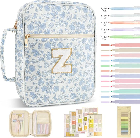 Personalized Initial Bible Cover Case for Women Girls Kid - Large Quilted Bible Case with Handle, Stylish Chenille Letter Bag Study Supplies, Perfect Christmas Gifts for Christians (Blue Flower-Z)
