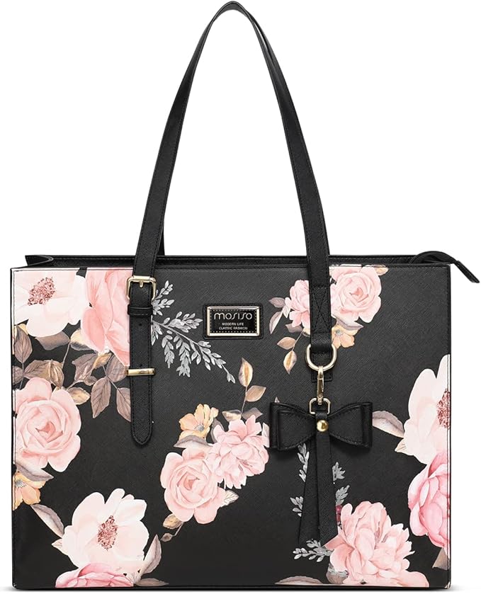 MOSISO Laptop Tote Bag Compatible with MacBook Air 15 inch M2 A2941/Pro 16 inch M3 M2 M1, 15-15.6 inch Notebook, Peony PU Leather Travel Work Briefcase with Detachable Bowknot & Small Purse, Black