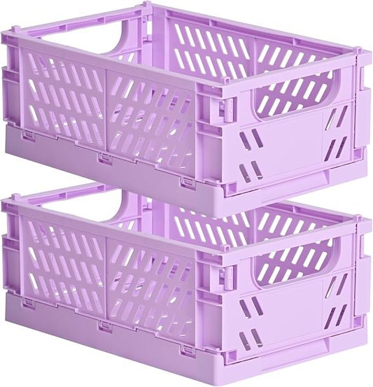 2-Pack Small Pastel Plastic Storage Baskets, Collapsible Crates for Organizing, Space-Saving Mini Bins for Classroom, Kitchen, Office, Bedroom (Purple, 9.8" x 6.5" x 3.8")