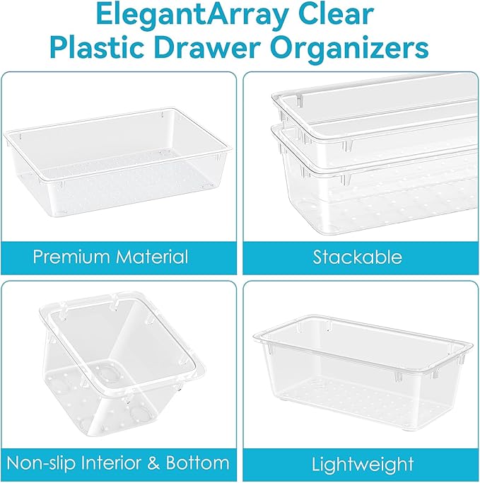 60 PCS Drawer Organizer Set, 4 Sizes Clear Plastic Makeup Vanity Organizer, Multi-Purpose Storage Bins for Makeup, Stationery, Gadgets, Kitchen, Bathroom, Office, Bedroom