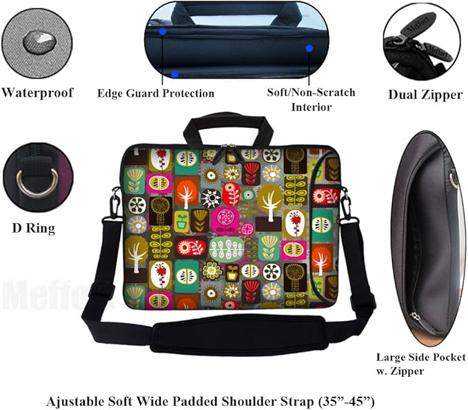Meffort Inc 17 Inch Neoprene Laptop Bag with Extra Side Pocket, Soft Carrying Handle & Removable Shoulder Strap Fit 16" to 17.3" Size - Colorful Symbols