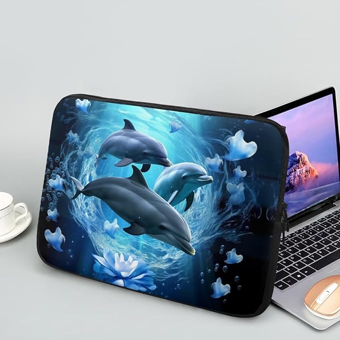 Dolphin Computer Sleeve for Women Men 15 inch Laptop Sleeve Durable Lap Top Case with Multiple Uses Tablet Bag Kawaii Animal Laptop Carrying Case Blue Flower Briefcase