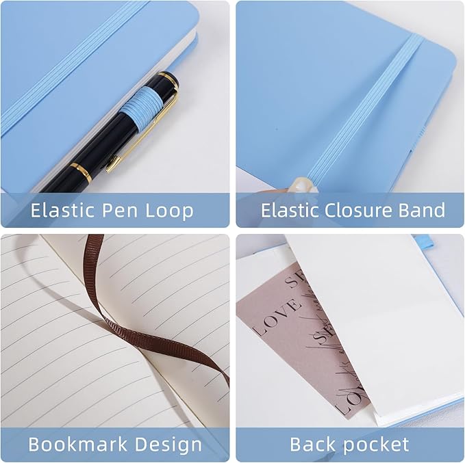 Lined Notebook Journal for Women Men 200 Pages A5 Hardcover Leather with Pen Holder College Ruled Journals for Work Note Taking Travel School Sky Blue