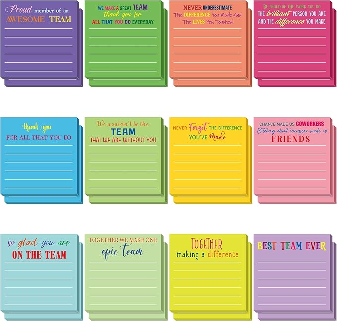 Yinder 24 Pcs Team Sticky Notes Team Appreciation Gifts Bulk Employee Coworker Inspirational Sticky Notes Pad Appreciation Gifts for Teacher Nurse Office Supplies 3 x 3''(Dark Color,Appreciation)