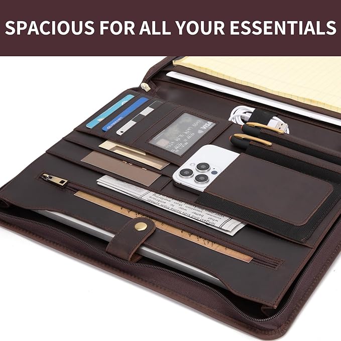 Personalized Genuine Leather Portfolio Binder, Zippered Padfolio for Men Women, Business Folio with 8.5” x 11” Notebook Holder and 13” Laptop Sleeve, Professional Folder, Dark Brown