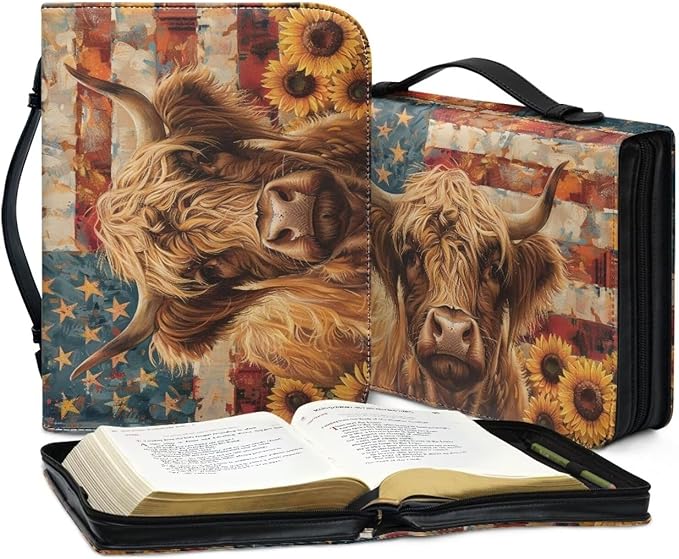 Lotusorchid American Flag Highland Sunflower Bible Covers for Women Waterproof Bible Bag Leather Men Bible Carrying Case Church Bag Bible Protective with Handle and Zippered Pocket