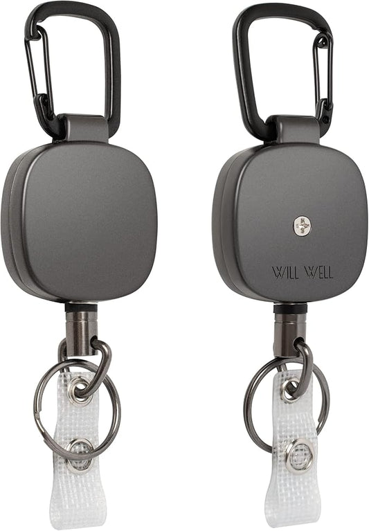 Will Well ID Badge Holder Reel with Clip and Keyring - Heavy-Duty All-Metal Casing with 27.5"UHMWPE Fiber Pull Cord for Durability and Easy Access, Holds up to 8 Keys - 2-Pack, Square, Matte Black