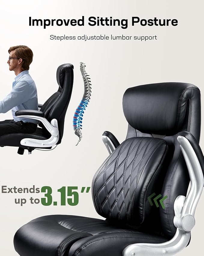 Marsail Comfortable-Office Chair with Dynamic-Lumbar Support: High Back PU Leather Executive Office Chair with Flip-up Arms Tilt Function, Ergonomic Executive Desk Chair for Home Office Work, Black