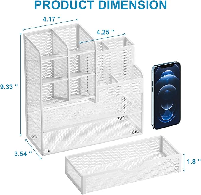 Marbrasse Mesh Pen Holder for Desk, Desk Organizer with Drawer, Multi-Functional Pencil Organizer, Desk Organizers and Accessories for Office Art Supplies (White)