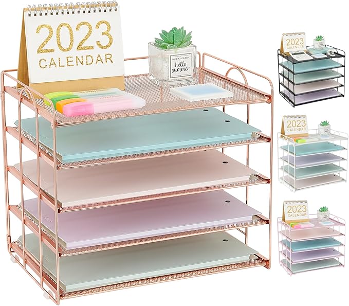 5 Tier Mesh Paper Letter Tray Organizer, Desktop Office Supplies Organizer for Desk, Desk Organizers and Accessories (Rose Gold)