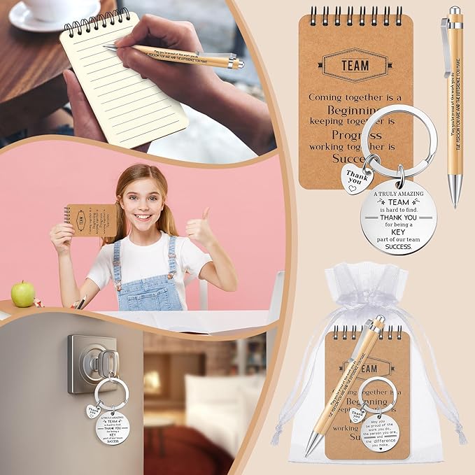 Fulmoon 80 Pcs Employee Appreciation Gifts Set Include Notepad Pen Thank You Keychain Organza Bag, Going Away Retirement Birthday Christmas Team Gift for Member Coworker Staff(Brown)