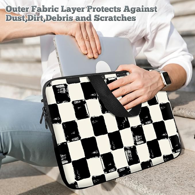 Universal Laptop Sleeve Tablet Case 12 inch, Black and White Checkered Slim Carrying Case Durable Handbag Travel Laptop Bag for Surface Pro 9 8 7/Laptop Go 2 3, MacBook Air 11/12