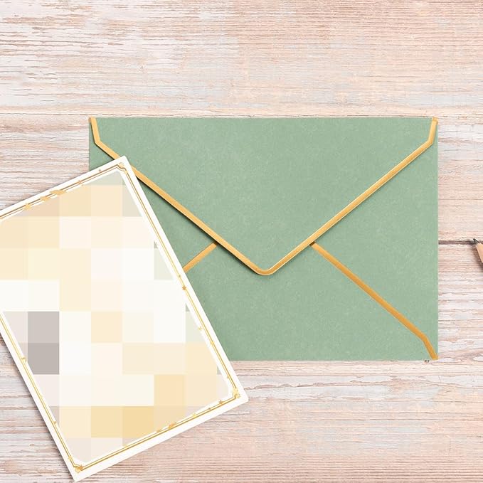 50 Pack A6 Envelopes Sage Green 4x6 Self-Adhesive V Flap Envelopes with Gold Border for Office, Greeting Card, Wedding, Graduation, Baby Shower, Parties, Invitations (Sage Green, 4x6)