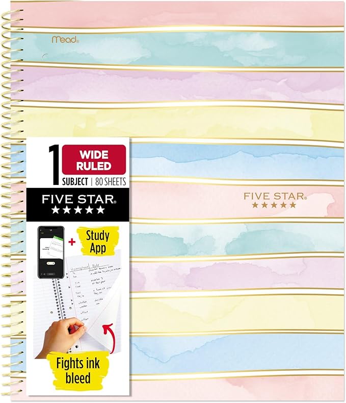 Five Star Spiral Notebook + Study App, 1 Subject, Wide Ruled, 8" x 10-1/2", 80 Sheets, Pastel Stripes (930209F-ECM)