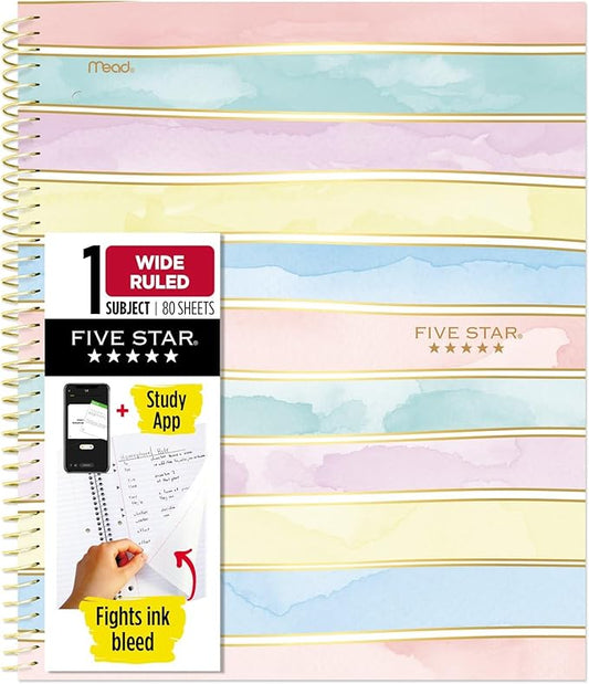 Five Star Spiral Notebook + Study App, 1 Subject, Wide Ruled, 8" x 10-1/2", 80 Sheets, Pastel Stripes (930209F-ECM)