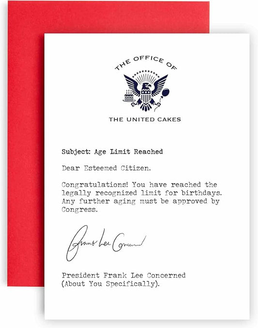 Huxters Funny Birthday Card for Him Men and Her Women You’ve reached legal Age Limit Letter - Fun Joke Greeting Card for Dad Brother Uncle Mom Sister Auntie - - 17 by 12cm (Age Limit Reached)