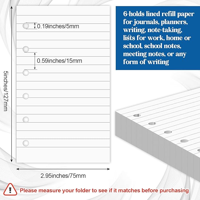 Ireer 200 Sheets Blank Lined Paper Refill for 3 x 5 Binders 6 Ring Memo Refill Paper Mini Ruled Filler Paper Books Planner Inserts Blank Lined Paper for Binder (White)