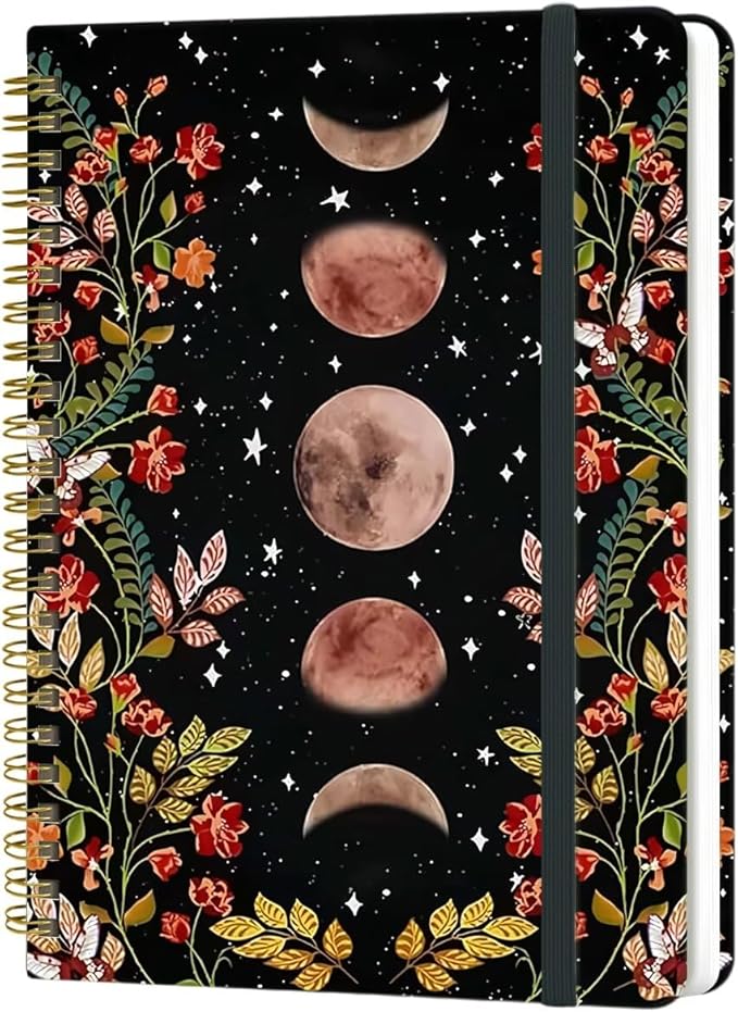 Yoiilifee Spiral Notebook - A5 Spiral Notebooks, 8.3'' × 5.8'', 160 Pages, Aesthetic Journaling Notebooks for Women, College Lined Notebook with Elastic Closure, Back Pocket, for School Office, Moon