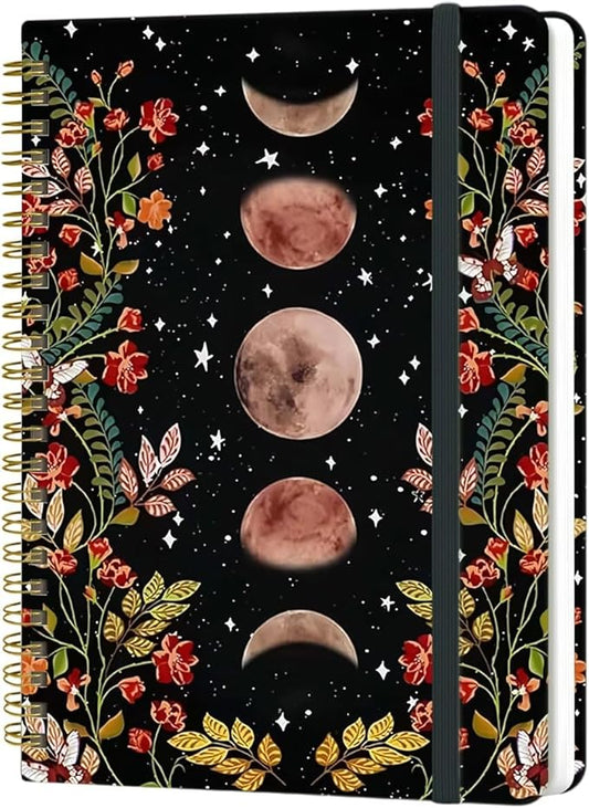 Yoiilifee Spiral Notebook - A5 Spiral Notebooks, 8.3'' × 5.8'', 160 Pages, Aesthetic Journaling Notebooks for Women, College Lined Notebook with Elastic Closure, Back Pocket, for School Office, Moon