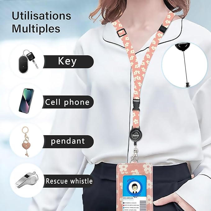 bolimoss Cute Leather Badge Holder and Adjustable Retractable Lanyards, Quick Release Buckle and Safety Breakaway Lanyards with Swivel Metal Clasp for Offices, Teacher, Student (Pink Groovy Flowers)