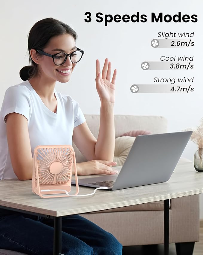 Koonie USB Desk Fan, Strong Wind Ultra Quiet Small Personal Fan with 180° Tilt Folding and 3 Speeds Adjustable, USB-C Corded Powered Mini USB Fan for Office Desktop Bedroom Pink