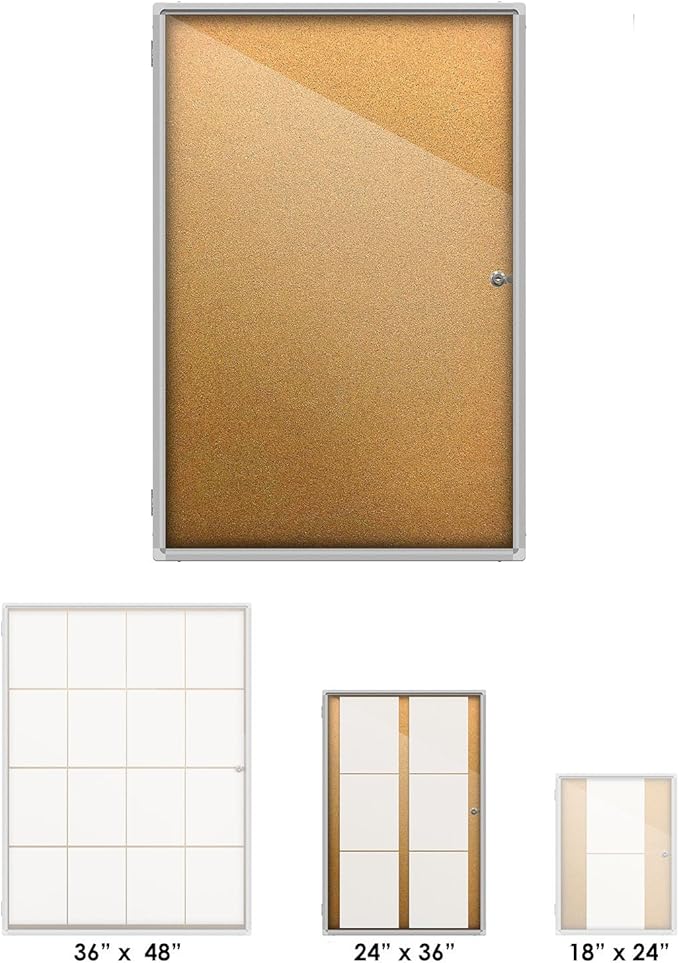 Thornton's Office Supplies Indoor Aluminum Frame Wall Mount Enclosed Cork Bulletin Board with Locking Door Lockable Noticeboard Display Case (24 x 36)