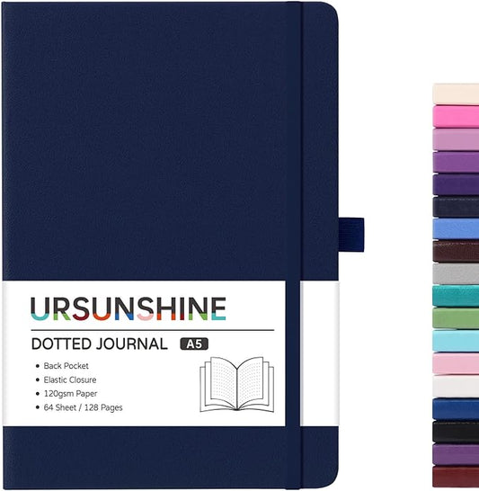 Dotted Journal/Notebook - Dot Grid Hard Cover Notebook, Premium Thick Paper with Fine Inner Pocket, Black Smooth Faux Leather, Pen Loop, 5.3'' x 8.26'' - Dark Blue