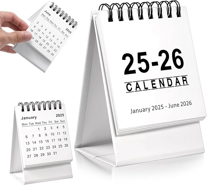 Mini Desk Calendar 2025.1-2026.6 Small Desktop Calendar 2025-2026 Standing Flip Calendar Small Desk Calendar 2025-2026 for Home Office School(White)