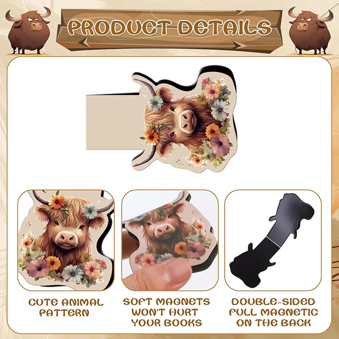 Highland Cow Magnetic Bookmark - 6 Pcs Funny Animal Book Mark Magnets Cute Cow Bookmarks Magnetic Floral Magnets Bookmark Page Clip Gift for Book Lovers Students Teacher Reading Book Marks