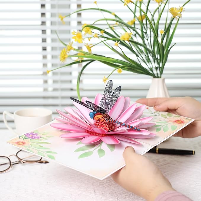 Pop Up Birthday Cards, Dragonfly and Gerbera Daisies Flower 3D Birthday Card for Women, Happy Mother’s Day Card, Valentines Day Card for Mom, Wife, Sister, Wife, Grandma, Daughter, Girlfriends