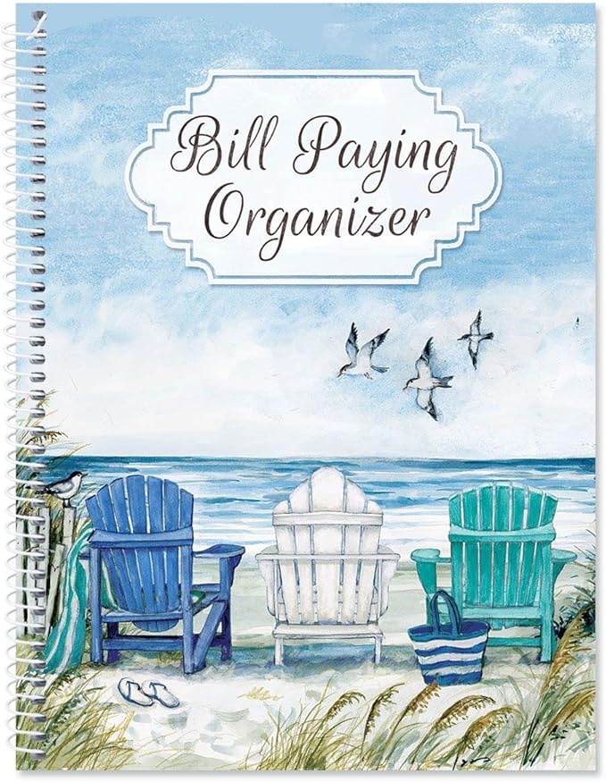 By The Sea Bill Paying Organizer Book - Personal Account book, 9" by 12 inch, Spiral-Bound, 14 Pockets, 32 Label Stickers, Bill Tracking