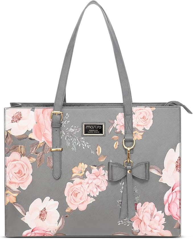 MOSISO Laptop Tote Bag Compatible with MacBook Air 15 inch M2 A2941/Pro 16 inch M3 M2 M1, 15-15.6 inch Notebook, Peony PU Leather Travel Work Briefcase with Detachable Bowknot & Small Purse, Grey