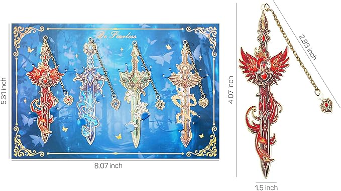 Fantasy Sword Bookmarks 4pcs - Medieval Knight Warrior Metal Book Marks for Readers, Gifts for Book Lovers, Cool Literary Page Holders for Reading Accessories, Men Women Teens, Christmas Birthday