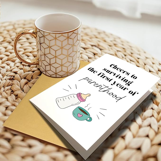 Funny Baby First Birthday Card for New Parents, Baby's 1st Birthday Card for First Time Parents, One Year Parenthood Card, New Parents Gifts, Cheers to Surviving the First Year of Parenthood Card