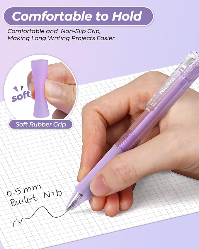 Nicpro 13PCS Pastel Gel Ink Pen Set with Case, Cute Retractable 0.5mm Fine Point 12PCS Black Ink Pens with 1 Highlighter, Aesthetic Pens for School, Student Note Taking,Writing,Office Supplies(Purple)