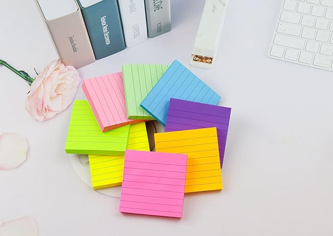 8 Pads Lined Sticky Notes 3x3 in Post, 8 Colors Self Sticky Notes Pad Its, Bright Colorful Square Sticky Notes for Office, Home, School, Meeting, 82 Sheets/pad
