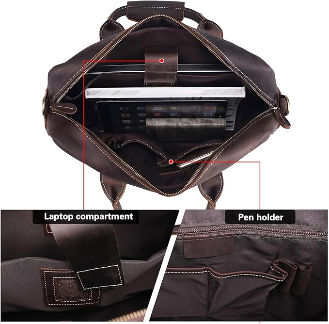 Polare Leather Briefcase for Men Business Travel Messenger Bags 15.6 Inch Laptop Bag YKK Metal Zipper