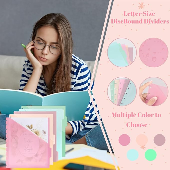 5 Pcs Letter Size Discbound Dividers with Tabs and Pockets - 8.5 x 11 Plastic Dividers for Office