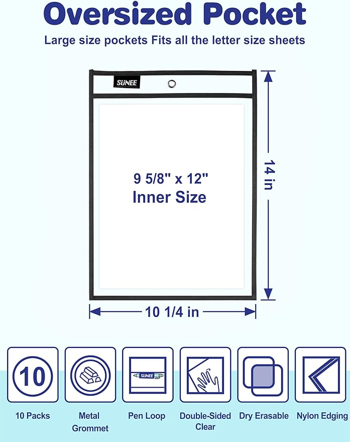 SUNEE 6 Packs Oversized Reusable Dry Erase Pocket Sleeves with Ring, Black 10x14 Ticket Holders, Clear Plastic Sheet Protectors, Teacher School Classroom Supplies