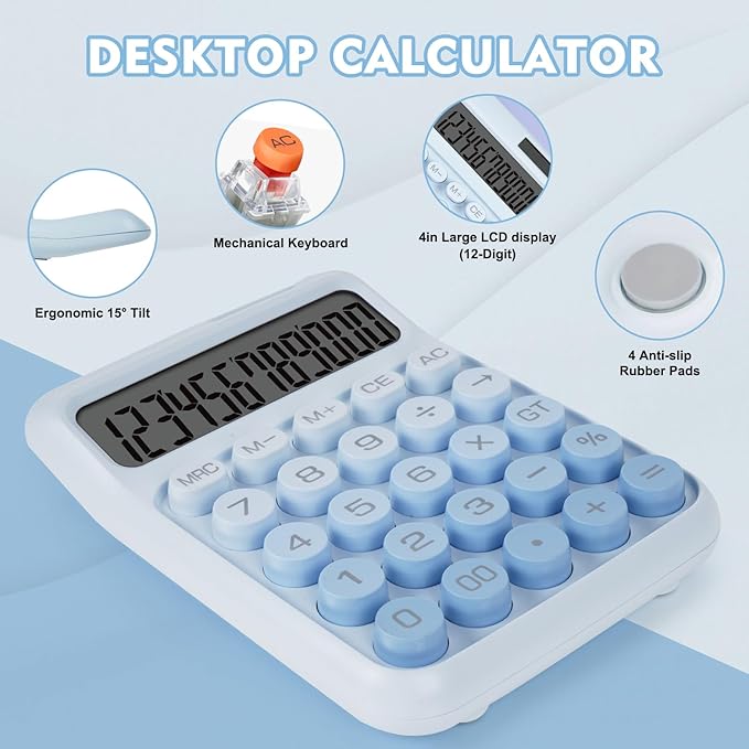 Mechanical Switch Calculator with Big Buttons, Calculators Desktop, 12 Digits, Solar Battery Power, Desk Calculator, Large LCD Display, Cute Blue Calculator for Teachers Students Basic Office