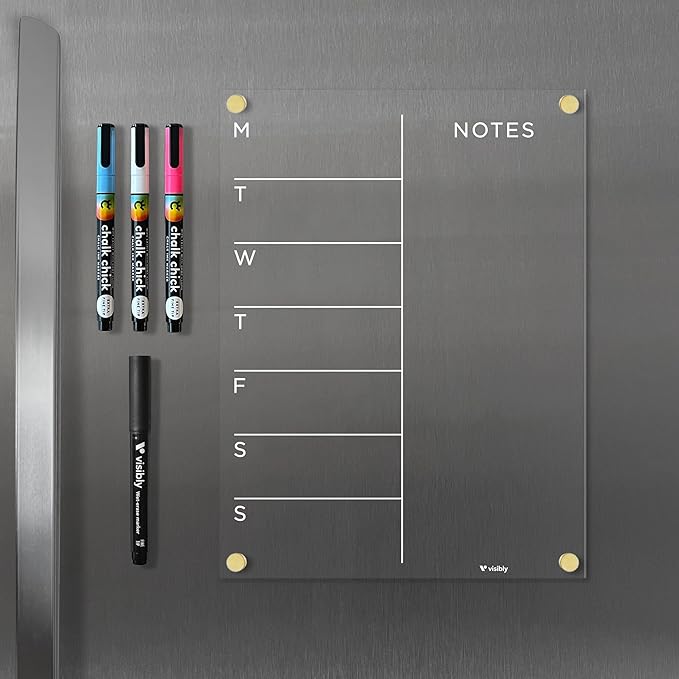 Magnetic Acrylic Weekly Calendar for Fridge, Weekly Meal Planner with Notes, Includes 4 Magnetic Wet-Erase Markers for Refrigerator, 9" X 12" | Gold Hardware