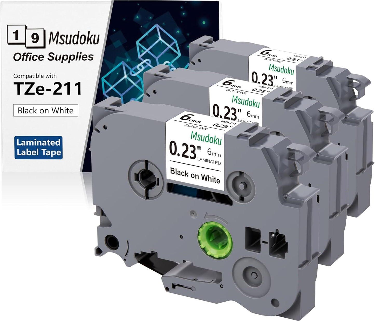 Tze Tz Tape 6mm 0.23 Laminated White Compatible for Brother P Touch Label Maker Tape TZe-211 TZe211 Label Tape for PT D200 D210 D220 D400 Cube, Black on White, 1/4 Inch x 26.2 Feet, 3-Pack