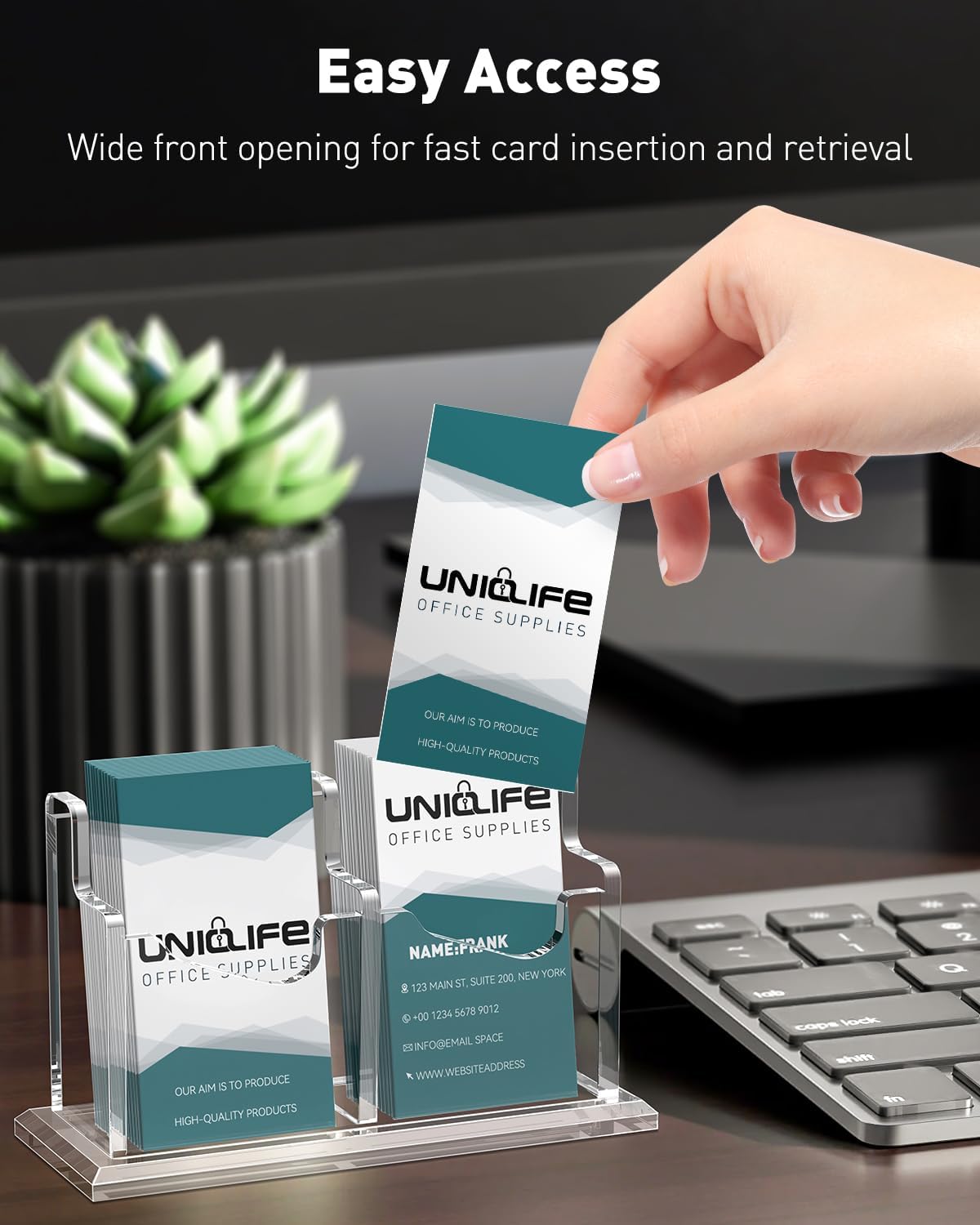 Uniclife Acrylic Business Card Holder for Desk 2 Slot Clear Vertical Business Card Display Stand for Men and Women Desktop Name Card Organizer Card Stand for Office Home Exhibition, 120 Card Capacity