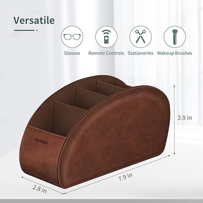 Remote Control Holder with 5 Compartments, KENOBEE Anti-slip Desktop Caddy Storage Organizer for Remote Controllers, Office Supplies, Makeup Brush, Media Accessories, Brown