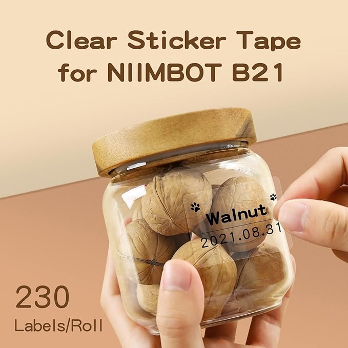 NIIMBOT Label Maker Tape, 1.57" x 1.18" (40×30 mm) Printer Sticker Paper with Self-Adhesive for B1/B21/B3S/K3 Label Maker,1 Roll of 230 (Clear)