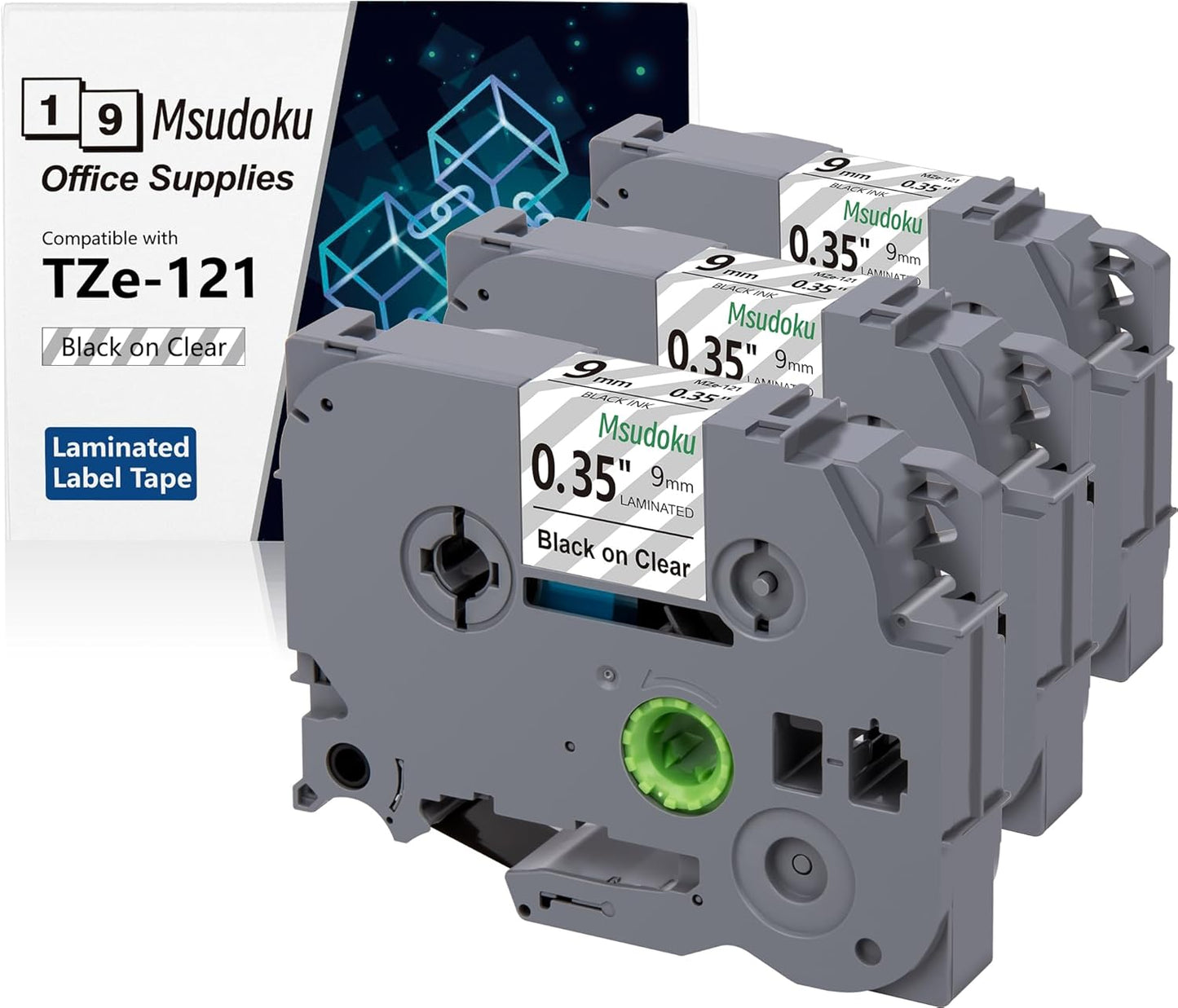 Tze Tz Tape 9mm 0.35 Laminated Clear Compatible for Brother P Touch Clear Label Maker Tape TZe-121 TZe121 Label Tape for PT D200 D210 D220 D400, Black on Clear, 3/8 Inch x 26.2 Feet, 3-Pack