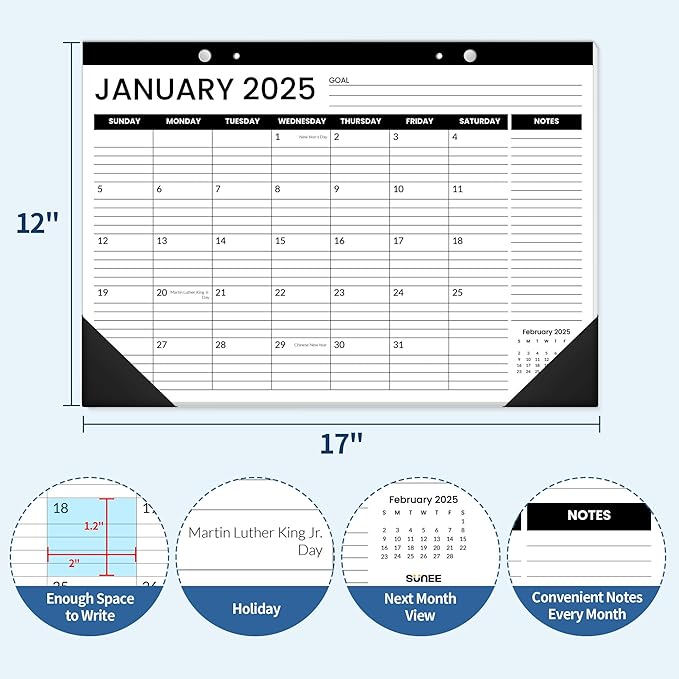 SUNEE 2024-2026 Desk Calendar 17x12, 18 Months, Oct. 2024 - Mar. 2026, Academic Desk Blotter Calendar, Desk Pad Calendar for Teacher with Note, Black